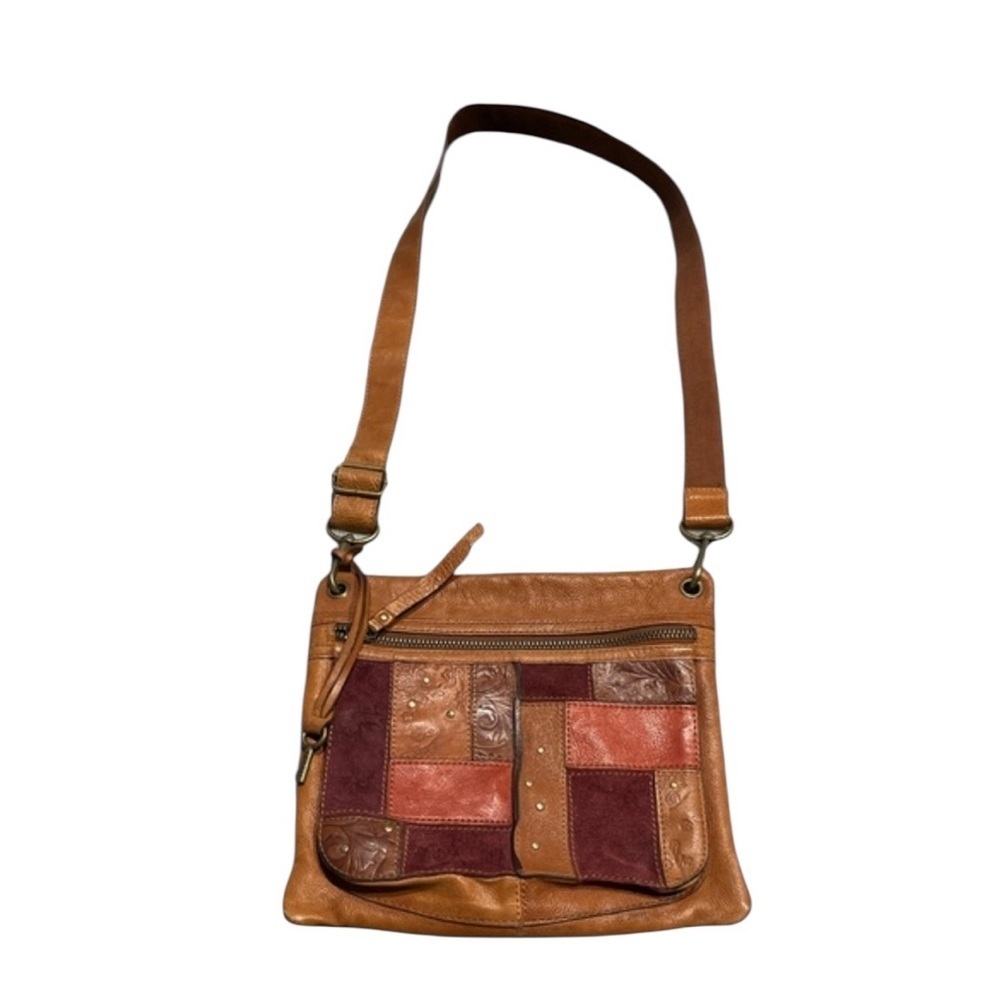FOSSIL SASHA Tooled Leather Suede Patchwork Crossbody Patchwork Brown Orange Bag